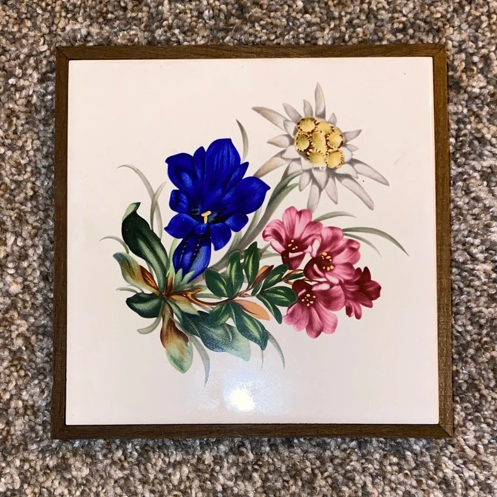 🏠Framed Floral Tile Art with Blue, Pink & White Blooms